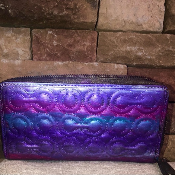 Coach Custom Design Metallic Multi Colored Signature C Leather Zip Wallet - Picture 3 of 10